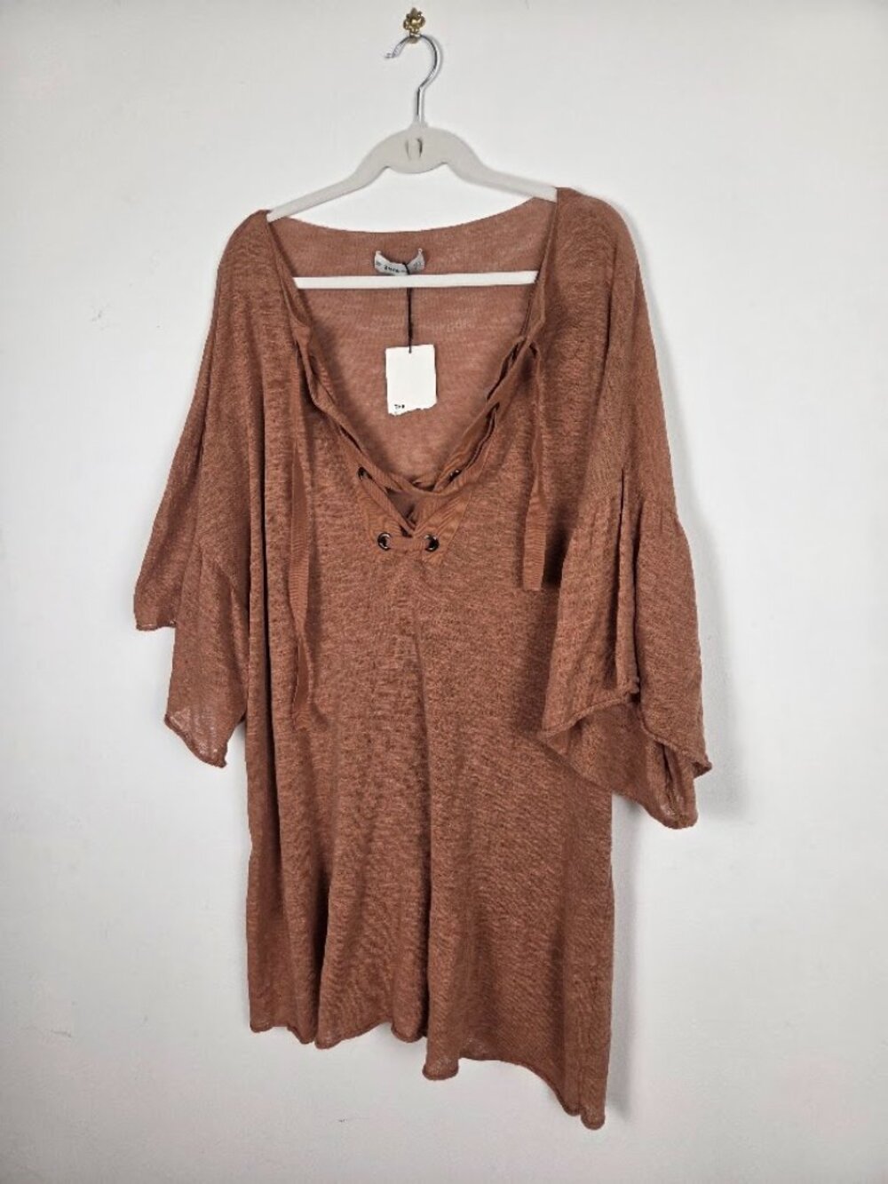 NWT Zara Knit Lace Up Open Knit Tunic Top Terracotta Rust Boho Small